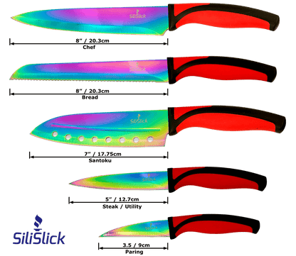 Kitchen Knife Set - Titanium Coated Blades - Red Handles