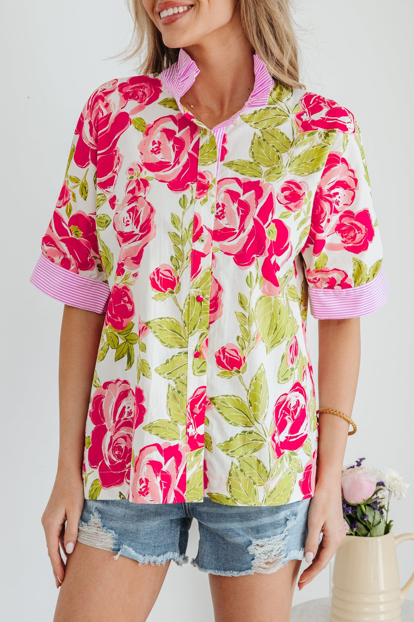 Stripe Trim Frill Collar Short Sleeve Shirt
