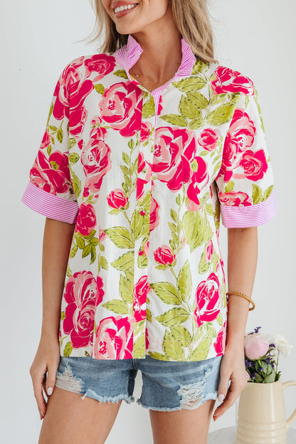 Stripe Trim Frill Collar Short Sleeve Shirt