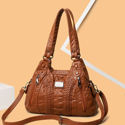 Real Washed Leather Woven Commuter Shoulder Bag