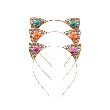 Alloy Diamond Rose Cat Ears Headband
