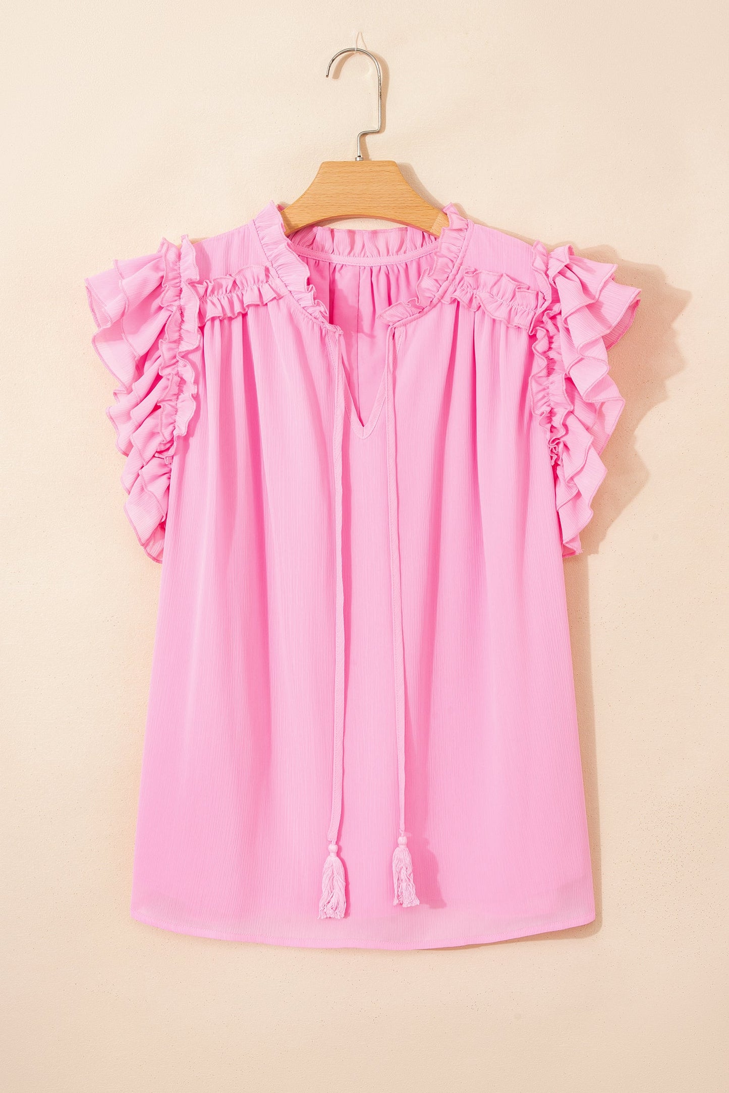 Plus Size Tassel Tie V-Neck Ruffle Blouse