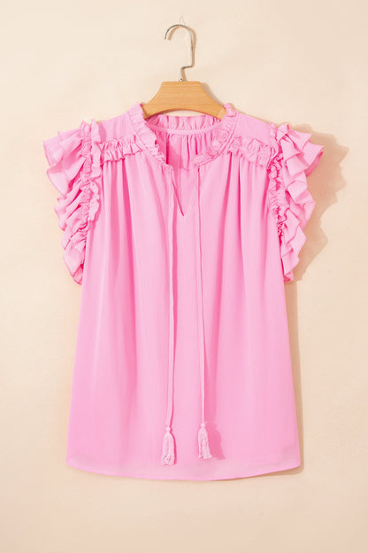 Plus Size Tassel Tie V-Neck Ruffle Blouse