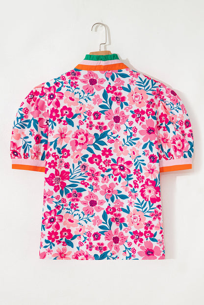 Floral Contrast Stripe Short Sleeve Blouse