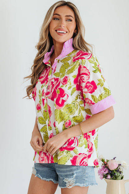 Stripe Trim Frill Collar Short Sleeve Shirt