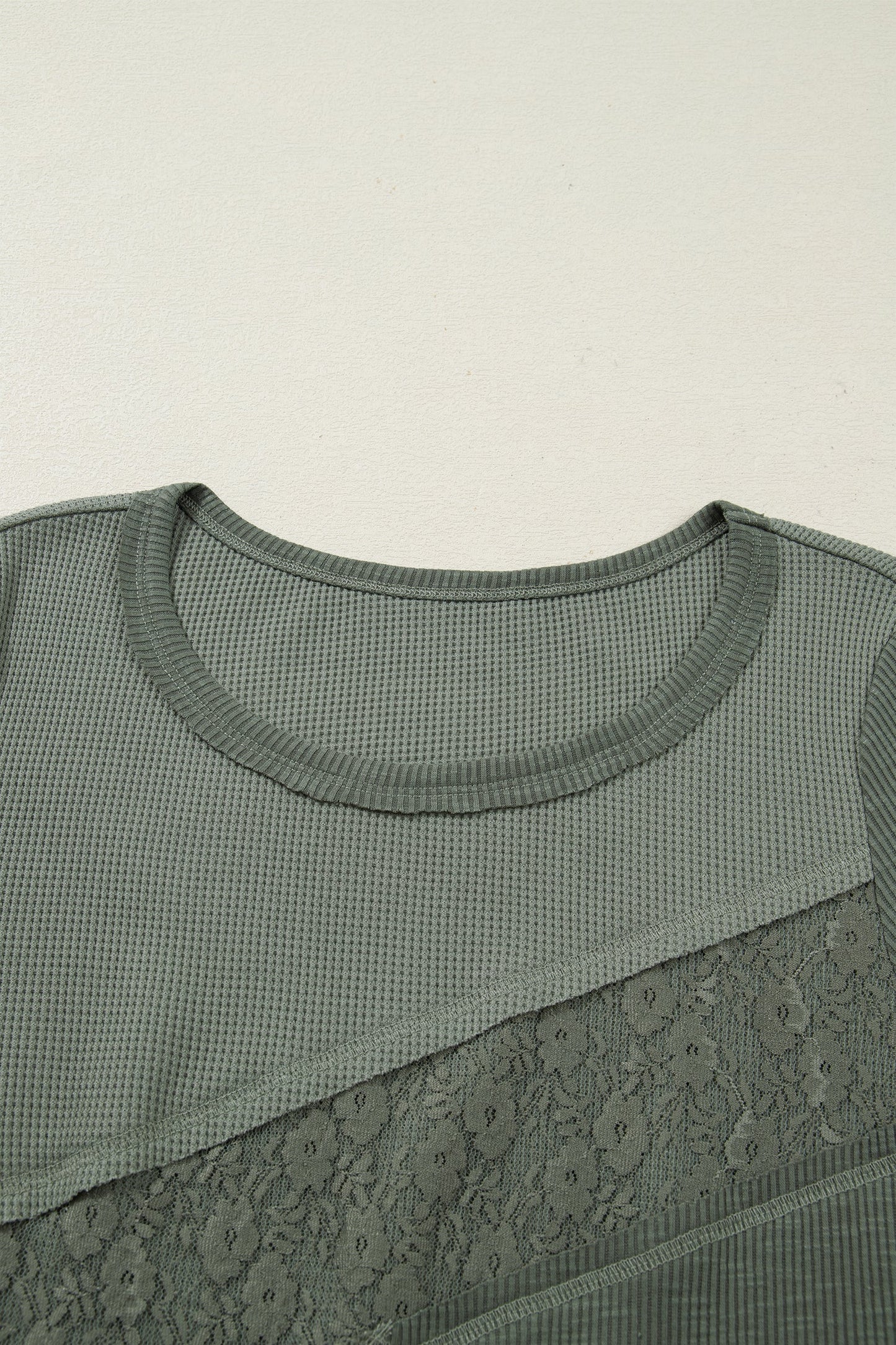 Solid Waffle Rib Lace Patchwork Top