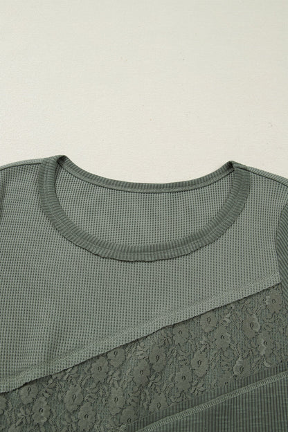 Solid Waffle Rib Lace Patchwork Top