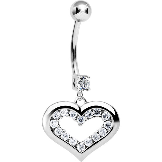 16G Solid 14K White CZ Encased Heart Dangle Belly Ring