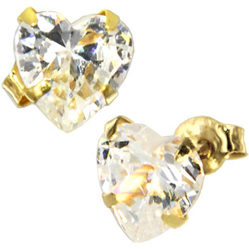 Solid 14K Yellow Gold .75 Carrat Cubic Zirconia HEART Stud Earrings