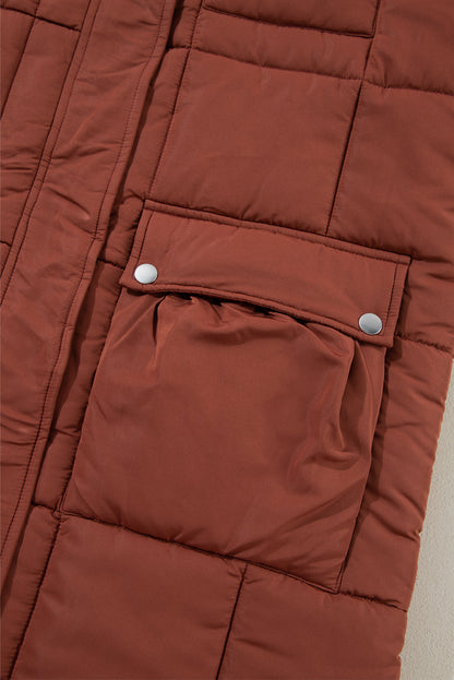 Solid Quilted Stand-Neck Zip-Up Buttoned  Puffer Coat