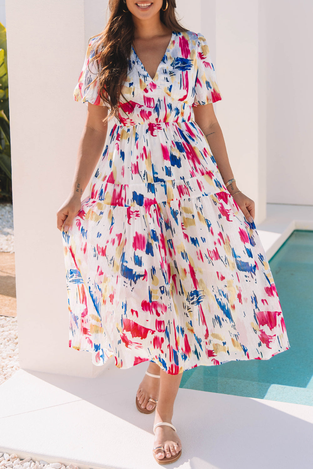 Abstract Short Puff Sleeve Tiered Maxi Dress