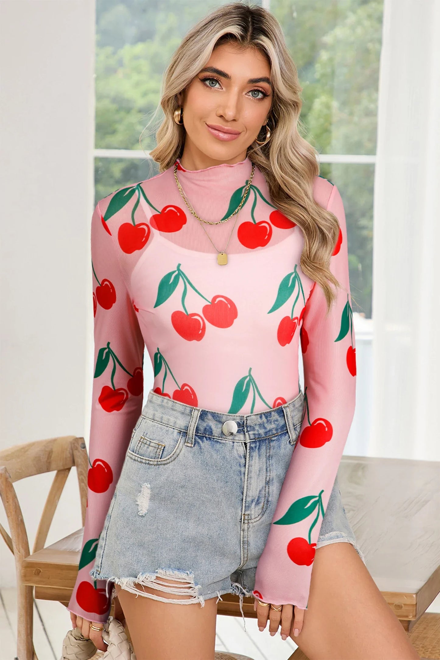 Cherry Lettuce Trim Long Sleeve Mesh Top