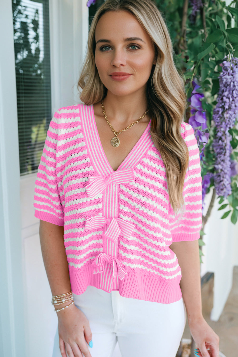 Stripe V-Neck Bow Knot Short Sleeve Sweater