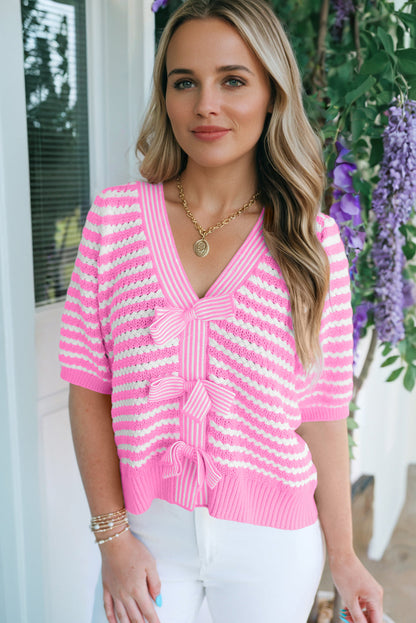 Stripe V-Neck Bow Knot Short Sleeve Sweater