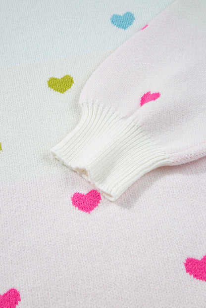 Colorblock Heart Mock Neck Drop Shoulder Sweater