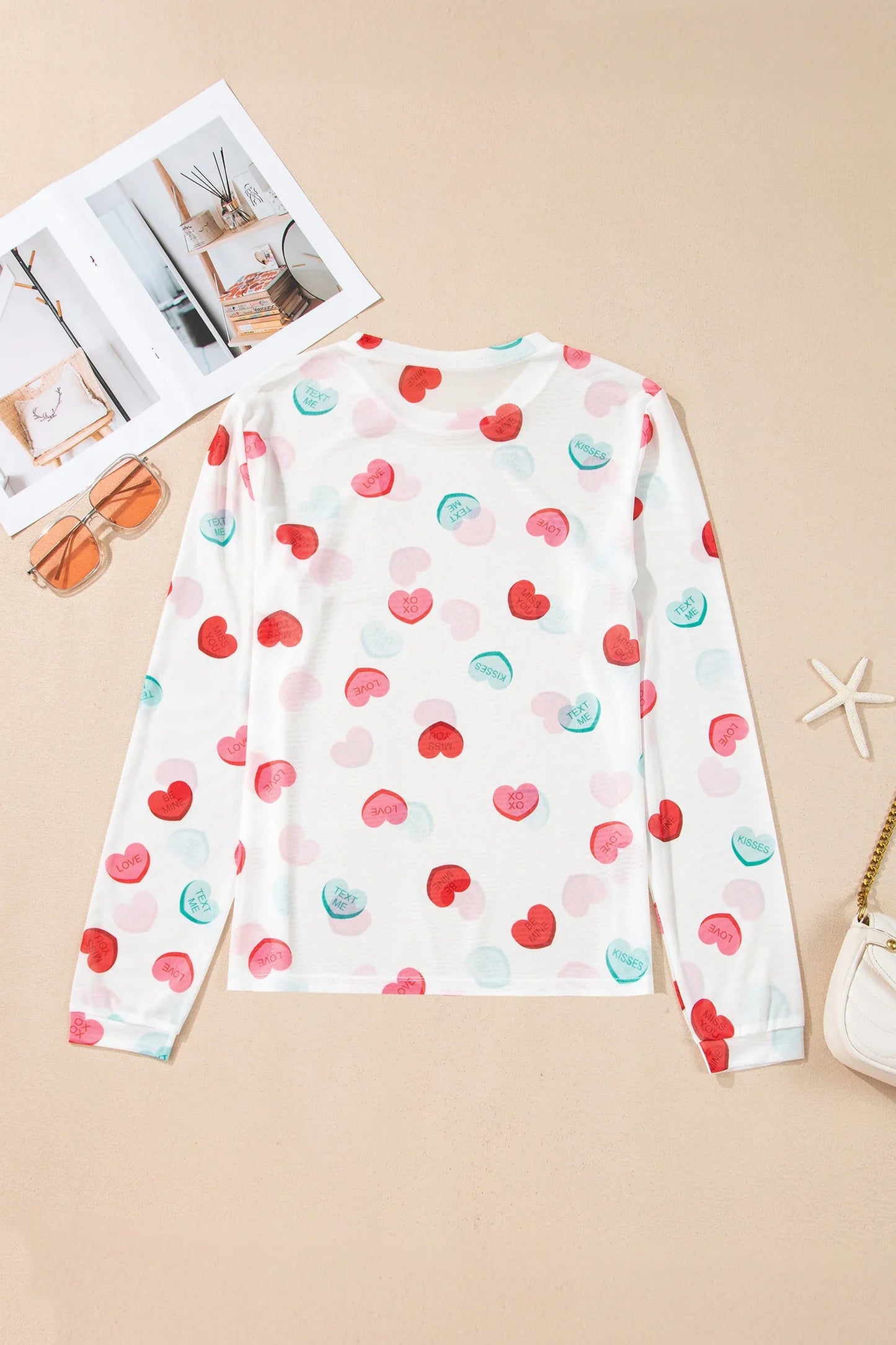 Valentine Slogan Heart Mesh Long Sleeve Top