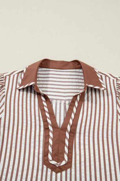 Stripe Collar Split Neck Bubble Sleeve Blouse