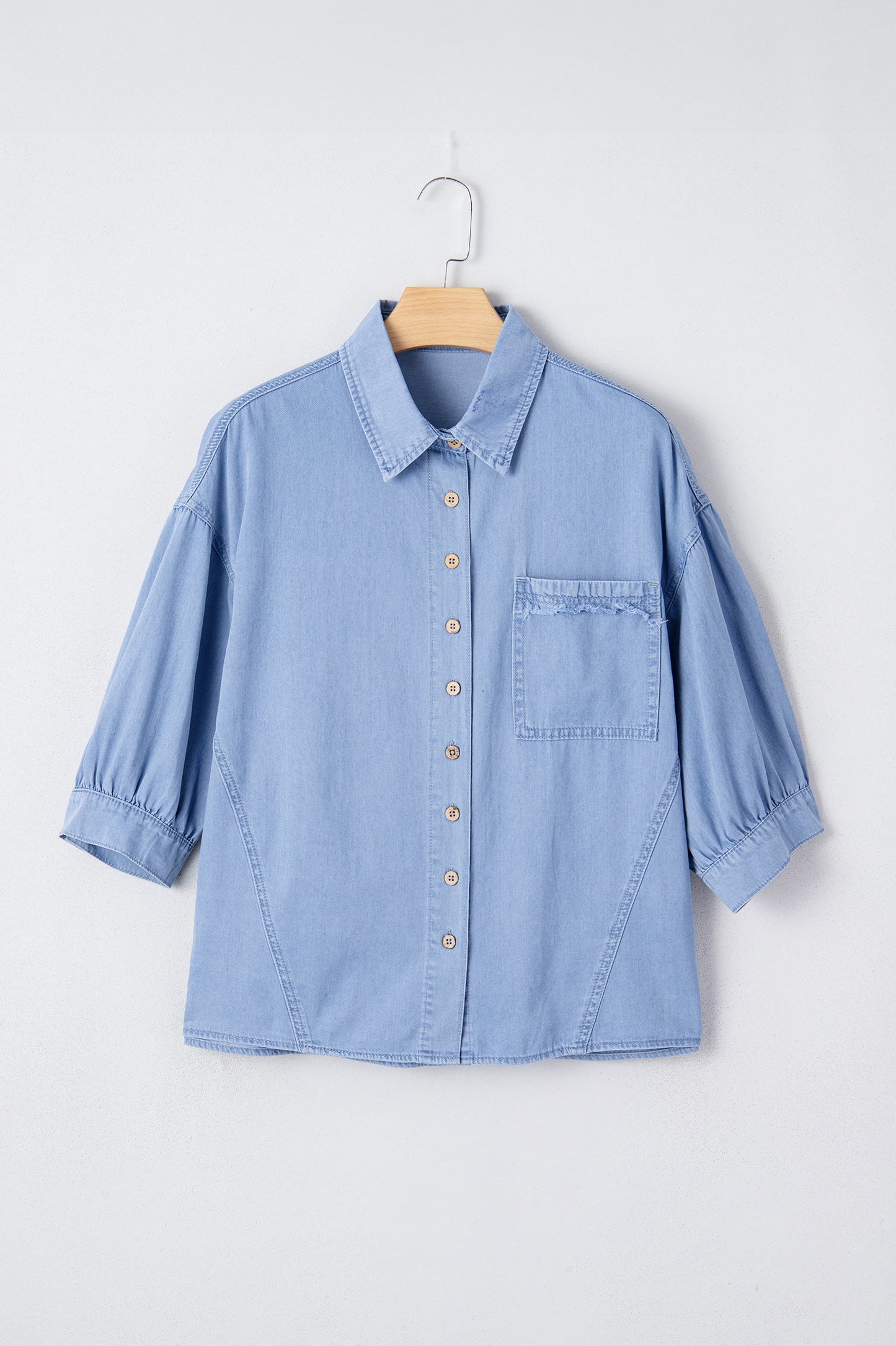 Floral Drop Shoulder Bracelet Sleeve Chambray Shirt
