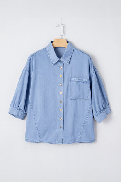 Floral Drop Shoulder Bracelet Sleeve Chambray Shirt