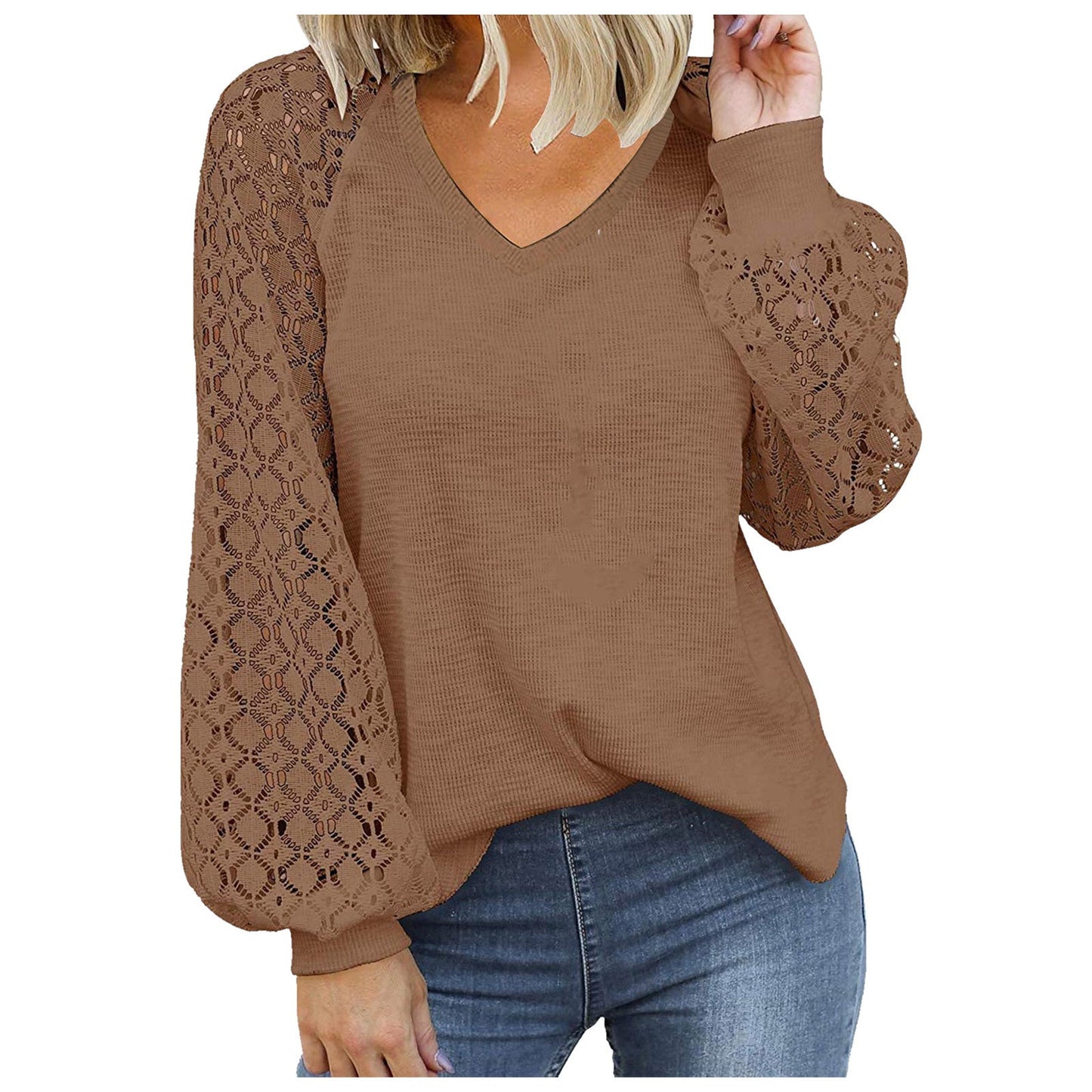 Women's V-neck Long Sleeve Lace Stitching Loose Shirt