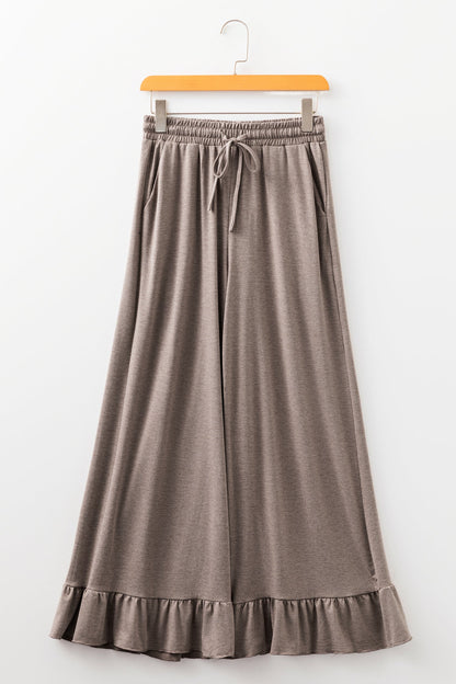 Solid Ruffle Wide Leg High Waist Pants