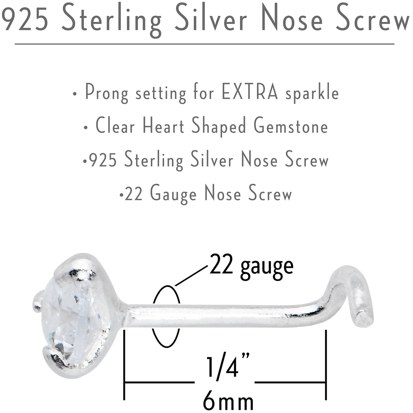 Sterling Silver 925 Clear CZ Heart Nose Ring