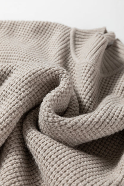 Waffle Knit Ribbed High Neck Drop Shoulder Sweater