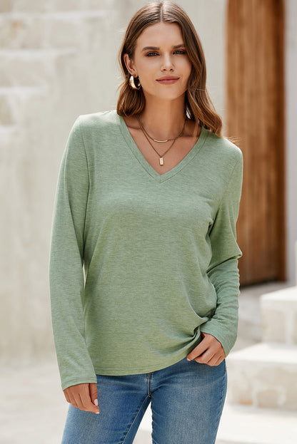 Solid Color V-Neck Long Sleeve Stretchy Top