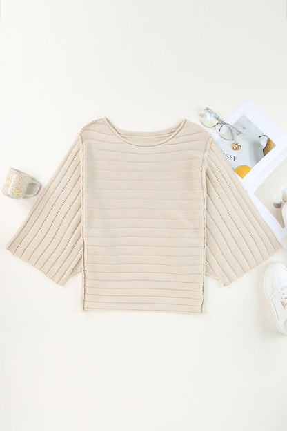 Ribbed Knit Reverse Seam 3/4 Sleeve Sweater