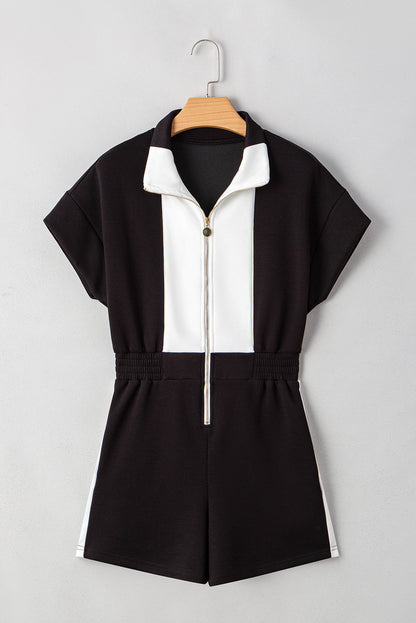 Collar Patchwork Zip Front Romper