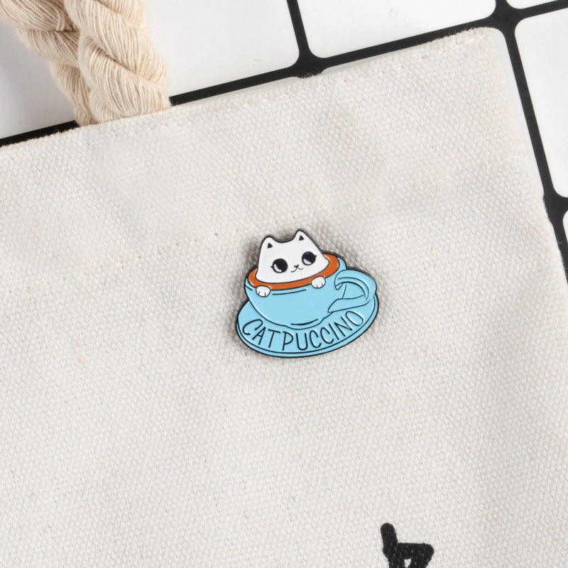Blue Teacup White Cat Coffee Brooch