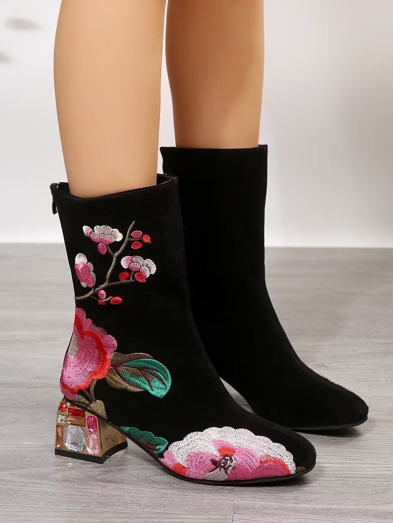 Flower Embroidered Mid-Calf Boots