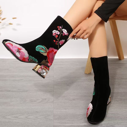 Flower Embroidered Mid-Calf Boots