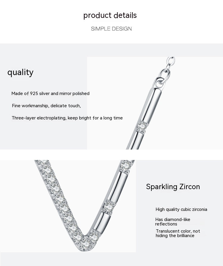 S925 Sterling Silver Temperamental Girl's V-shaped Pendant Necklace