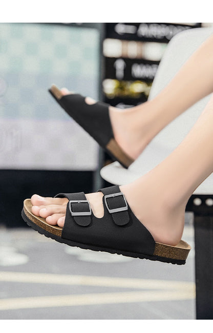 Double-breasted Cork Outer Leather Surface Boken Slippers