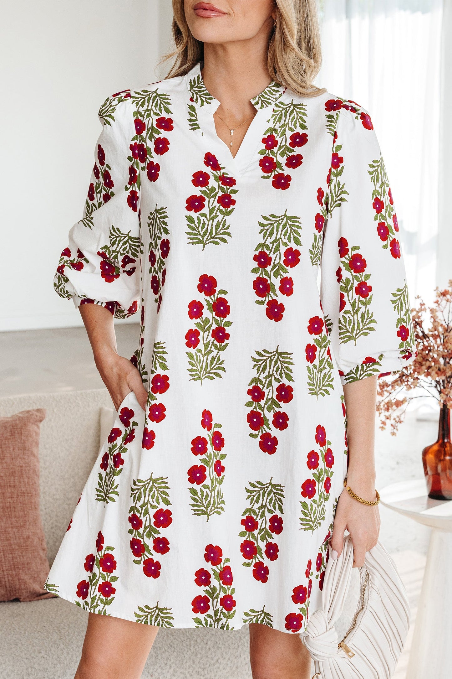 Floral V-Neck 3/4 Sleeve Loose Mini Dress