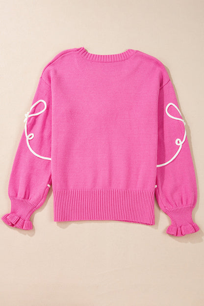 Valentine Bow Corded Embroidery Ruffle Cuff Sweater
