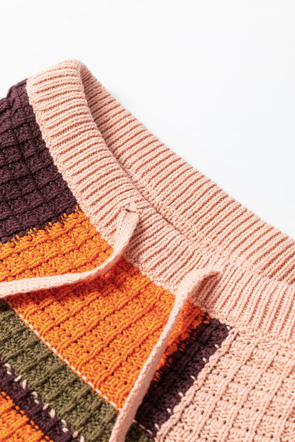 Colorblock Waffle Knit Drawstring Mock Neck Sweater
