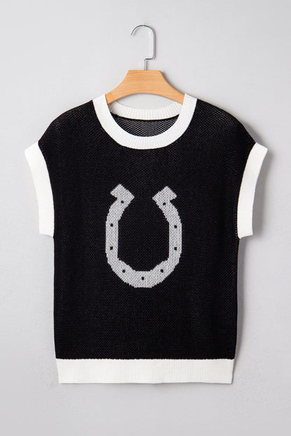 Western Horseshoe Contrast Trim Short Sleeve Sweater