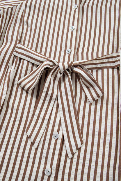 Stripe Knot Waist Sleeve Button Down Dress