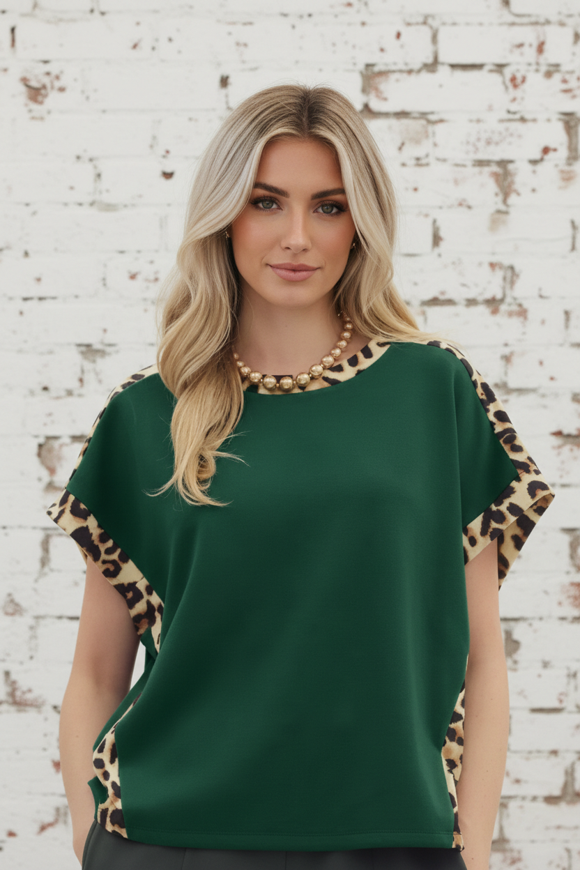 Leopard Trim Round Neck Loose T-Shirt