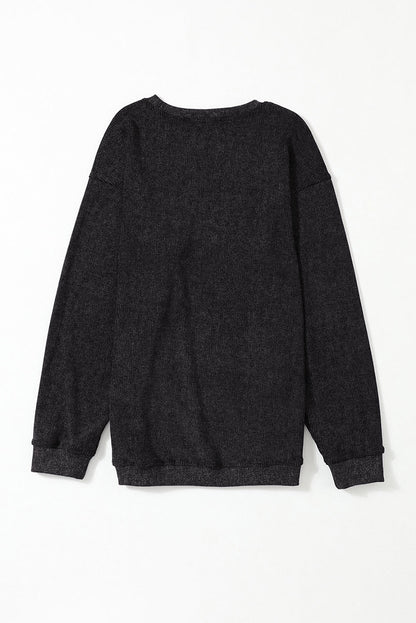 Solid Ribbed Knit Round Neck Pullover Sweatshirt