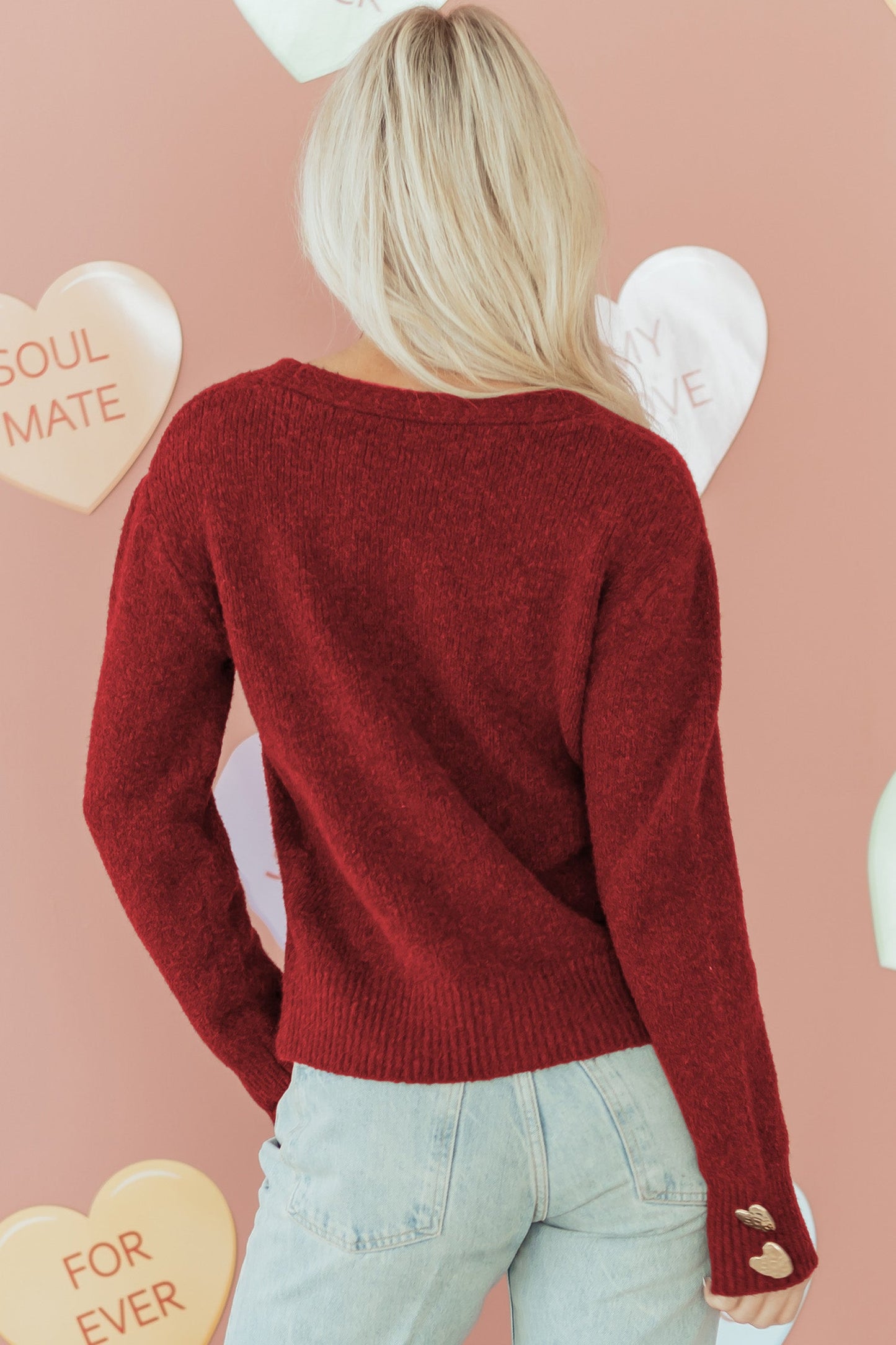 Heart Metal Button V-Neck Knit Cardigan