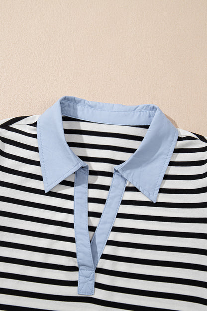 Stripe Patchwork V-Neck Collared Mini Dress