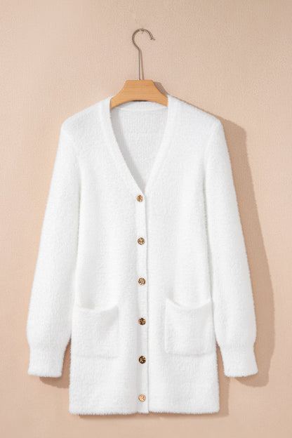 Solid Fuzzy Button-Front Cardigan