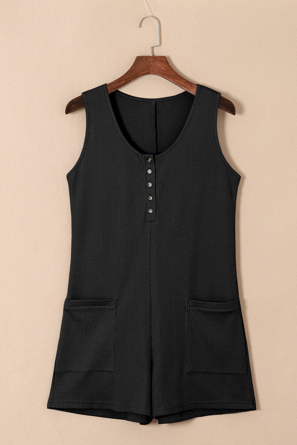 Waffle Sleeveless U-Neck Buttons Romper With Pockets