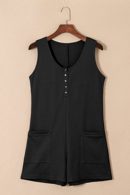 Waffle Sleeveless U-Neck Buttons Romper With Pockets