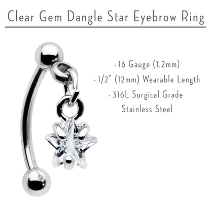 Top Down Clear Gem Dangle Star Eyebrow Ring