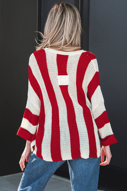 Colorblock Stripe V-Neck Bracelet Sleeve Sweater