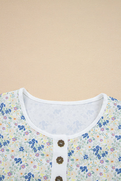 Floral Gauze Patchwork 3/4 Sleeve Blouse